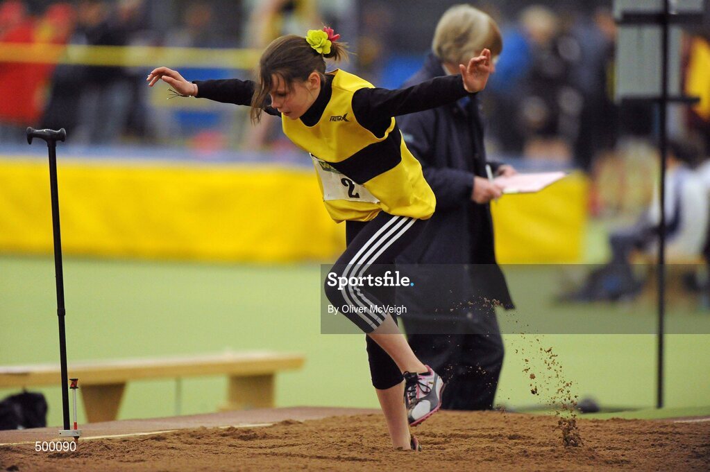 19 March 2011; Daena Kealy, Tinryland AC, Co. Carlow, in action during the U12 girls long jump. Woodie’s DIY National Junior Indoor Championships, Meadowbank Indoor Arena, Magherafelt, Derry. Picture credit: Oliver McVeigh / SPORTSFILE
