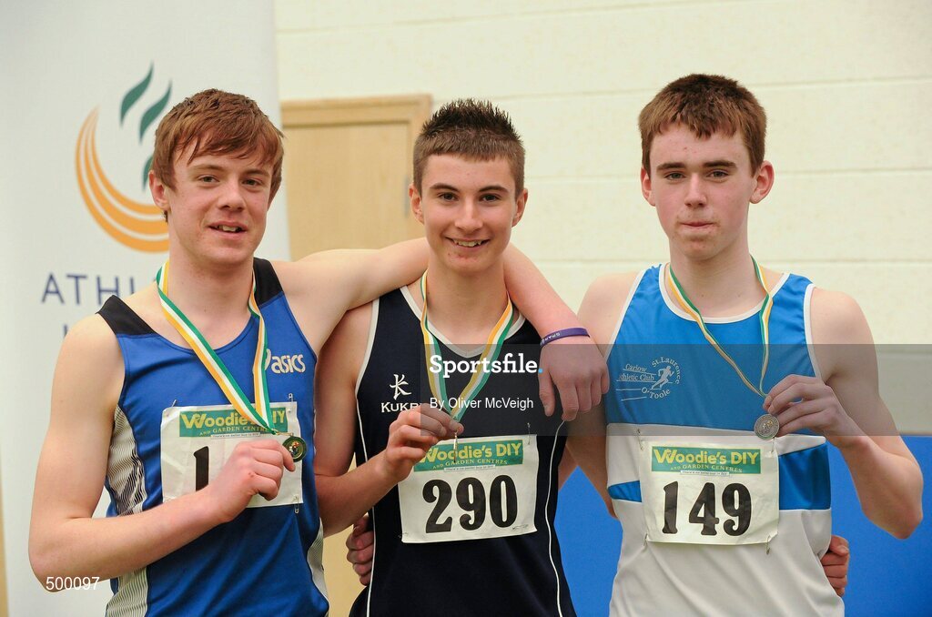 19 March 2011;  U16 boys high jump winner Sam Healy, Belgooly, Co. Cork, centre, with second place Mark Rogers, St. Peters, Co. Louth, left, and third place Adam Murphy, St. Lawerence O'Toole, Co. Carlow. Woodie’s DIY National Junior Indoor Championships, Meadowbank Indoor Arena, Magherafelt, Derry. Picture credit: Oliver McVeigh / SPORTSFILE