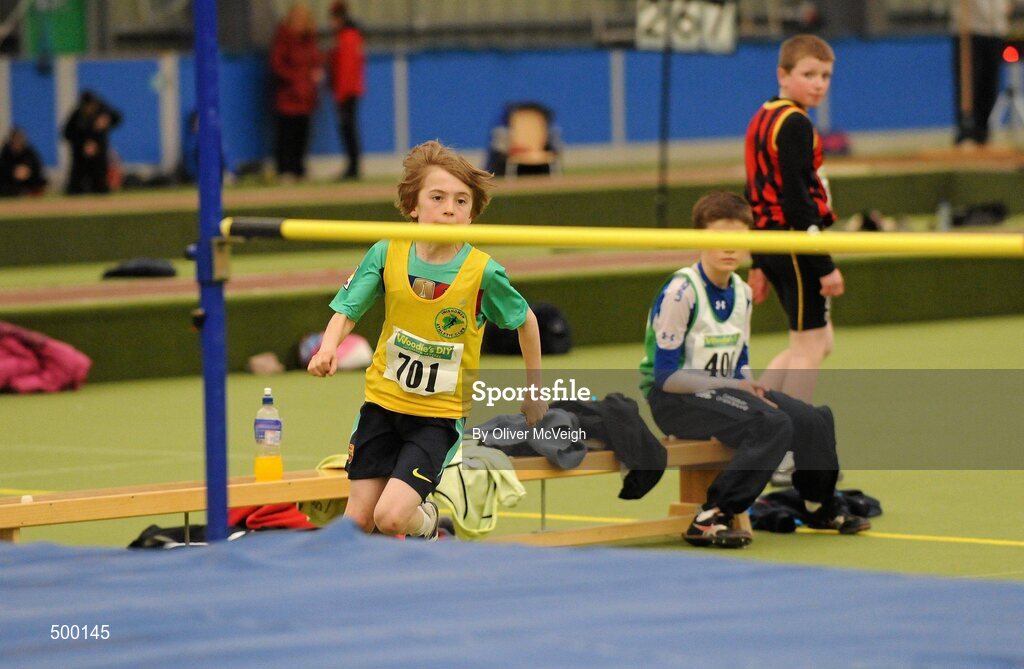 19 March 2011; Pat Loughery, Innishowen, in action during the U12 boys high jump. Woodie’s DIY National Junior Indoor Championships, Meadowbank Indoor Arena, Magherafelt, Derry. Picture credit: Oliver McVeigh / SPORTSFILE