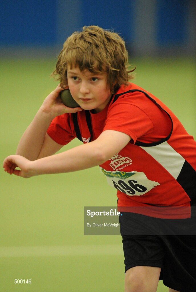 19 March 2011; Harry O'Neill, City of Derry, in action during the U12 Boys Shot Putt. Woodie’s DIY National Junior Indoor Championships, Meadowbank Indoor Arena, Magherafelt, Derry. Picture credit: Oliver McVeigh / SPORTSFILE