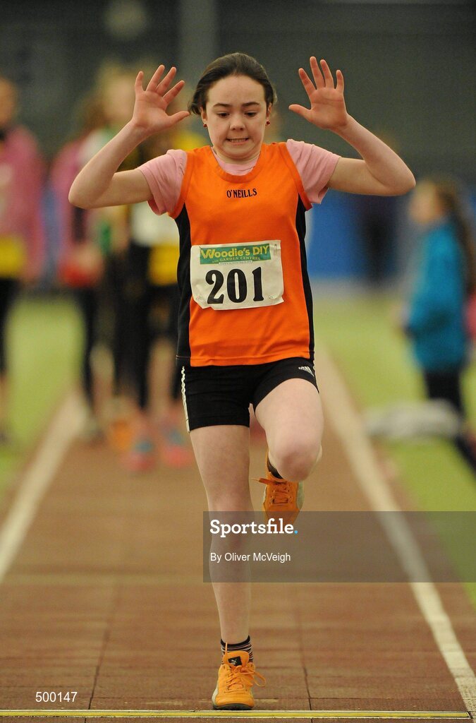 19 March 2011; Oliva Boylan, Nenagh Olympic, Co. Tipperary, in action during the U12 girls long jump. Woodie’s DIY National Junior Indoor Championships, Meadowbank Indoor Arena, Magherafelt, Derry. Picture credit: Oliver McVeigh / SPORTSFILE