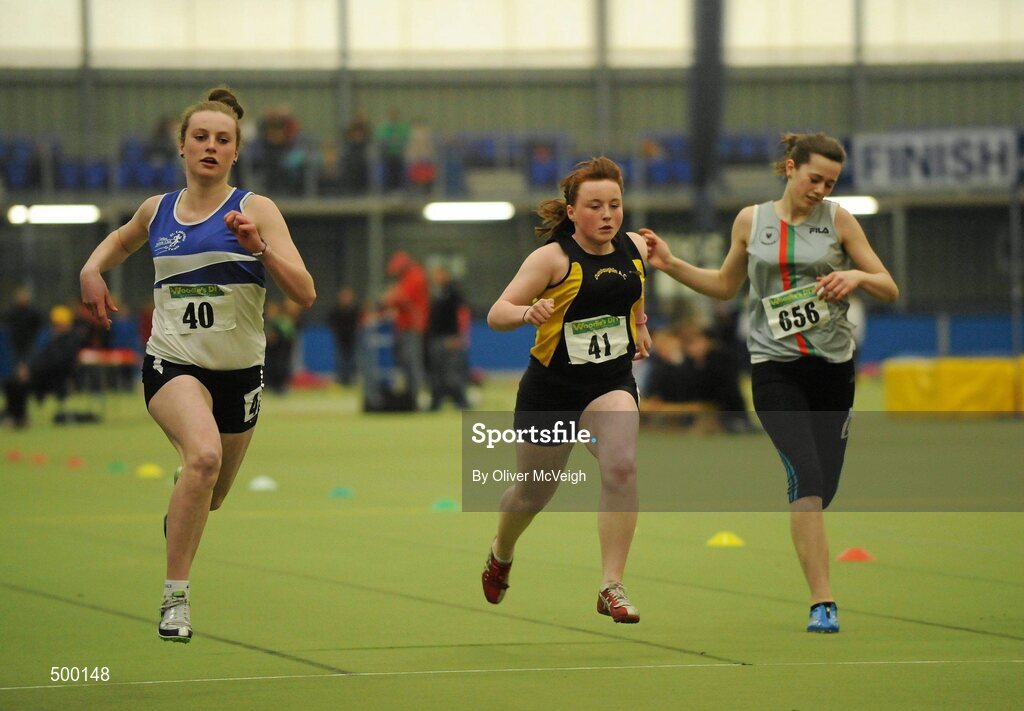 19 March 2011; Athletes, from left, Grace Lawlor, St. Lawerence O'Toole, Co. Carlow, Niamh Hetherington, Dunshaughlin, Co. Meath, and Rose McGuckian, City of Lisburn, Co. Antrim, in action during the U15 Girls 60m. Woodie’s DIY National Junior Indoor Championships, Meadowbank Indoor Arena, Magherafelt, Derry. Picture credit: Oliver McVeigh / SPORTSFILE
