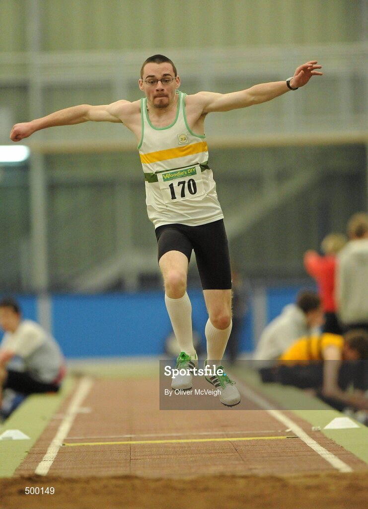 19 March 2011; Conor Daly, from St. Abbans AC, Laois, in action during the U18 boys triple jump. Woodies DIY National Junior Indoor Championships, Meadowbank Indoor Arena, Magherafelt, Derry. Picture credit: Oliver McVeigh / SPORTSFILE