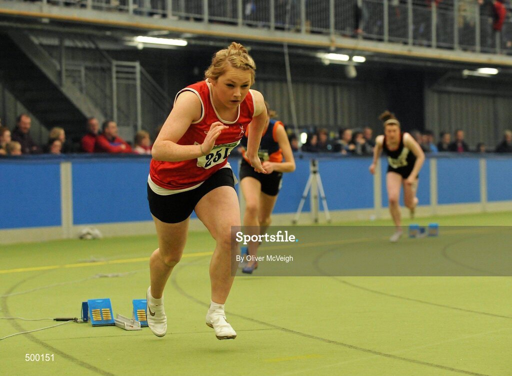 19 March 2011; Stephanie O'Carroll, Dooneen, Co. Limerick, in action during the U18 girls 300m. Woodie’s DIY National Junior Indoor Championships, Meadowbank Indoor Arena, Magherafelt, Derry. Picture credit: Oliver McVeigh / SPORTSFILE