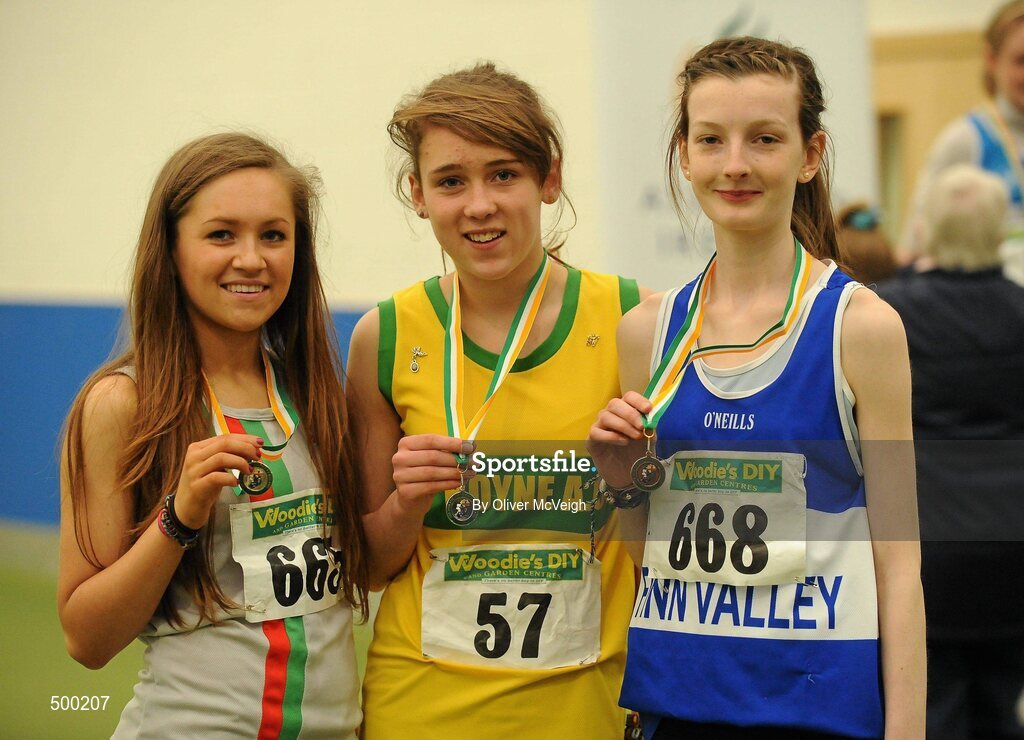 18 March 2011; U16 Girls high jump winner Amy McTeggart, Boyne AC, Co. Wicklow, centre, with second place Anna McIlmoyle, City of Lisburn, Co. Antrim, left, and third place Bliathnaid Patton, Finn Valley, Co. Donegal. Woodie’s DIY National Junior Indoor Championships, Meadowbank Indoor Arena, Magherafelt, Derry. Picture credit: Oliver McVeigh / SPORTSFILE
