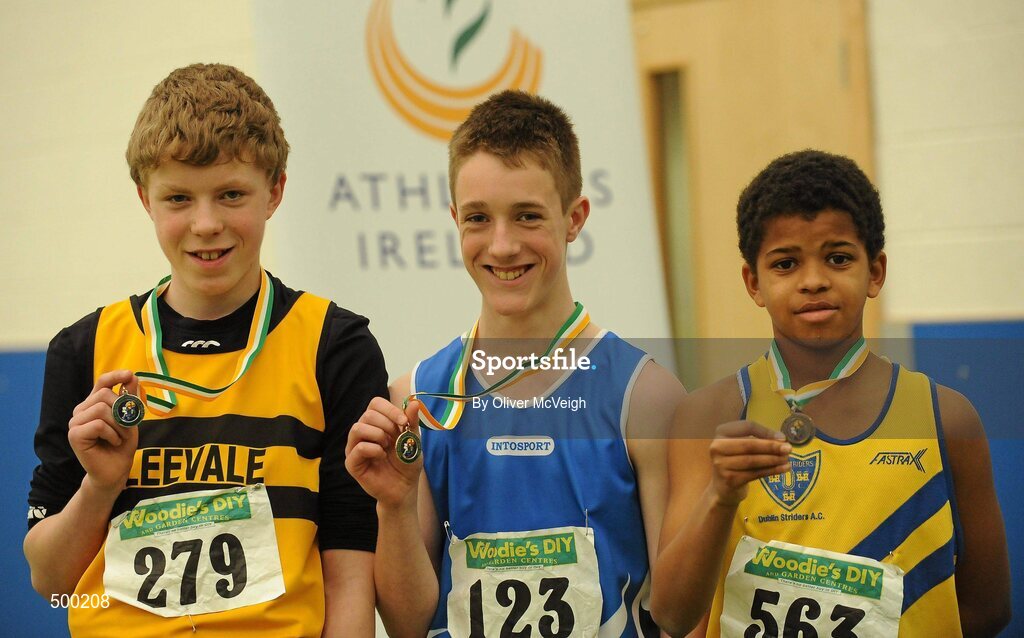 19 March 2011; U14 boys 60m hurdles winner Ryan Murray, Bree AC, Co. Wexford, centre, with second place Jack Murphy, Leevale, Co. Cork, left, and third place Simon Essuman, Dublin Striders. Woodie’s DIY National Junior Indoor Championships, Meadowbank Indoor Arena, Magherafelt, Derry. Picture credit: Oliver McVeigh / SPORTSFILE