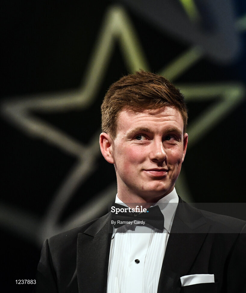 4 November 2016; Waterford hurler Austin Gleeson with his award at the 2016 GAA/GPA Opel All-Stars Awards at the Convention Centre in Dublin. Photo by Ramsey Cardy/Sportsfile