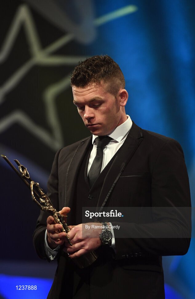 4 November 2016; Tipperary hurler Padraic Maher with his award at the 2016 GAA/GPA Opel All-Stars Awards at the Convention Centre in Dublin. Photo by Ramsey Cardy/Sportsfile