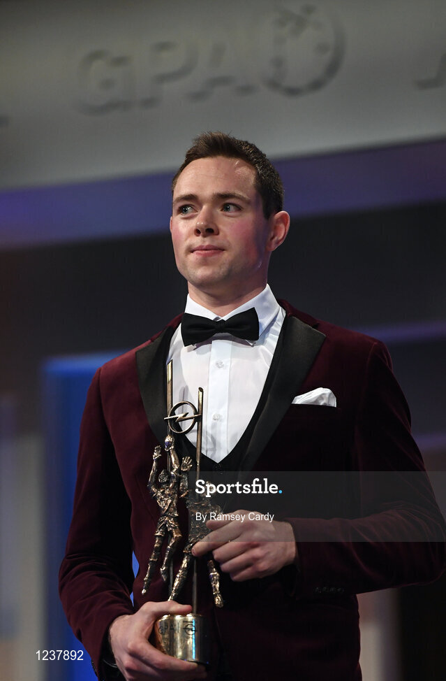 4 November 2016; Dublin footballer Dean Rock with his award at the 2016 GAA/GPA Opel All-Stars Awards at the Convention Centre in Dublin. Photo by Ramsey Cardy/Sportsfile
