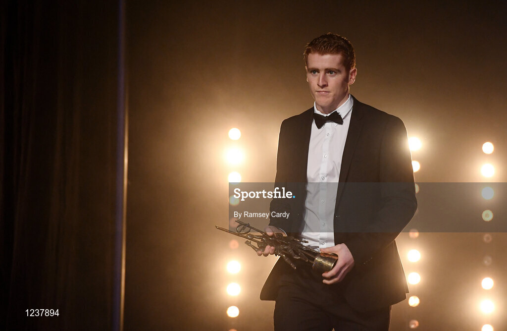 4 November 2016; Tyrone footballer Peter Harte with his award at the 2016 GAA/GPA Opel All-Stars Awards at the Convention Centre in Dublin. Photo by Ramsey Cardy/Sportsfile