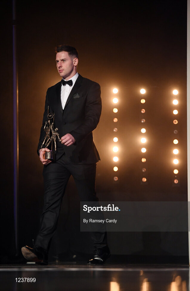 4 November 2016; Dublin footballer Phily McMahon with his award at the 2016 GAA/GPA Opel All-Stars Awards at the Convention Centre in Dublin. Photo by Ramsey Cardy/Sportsfile