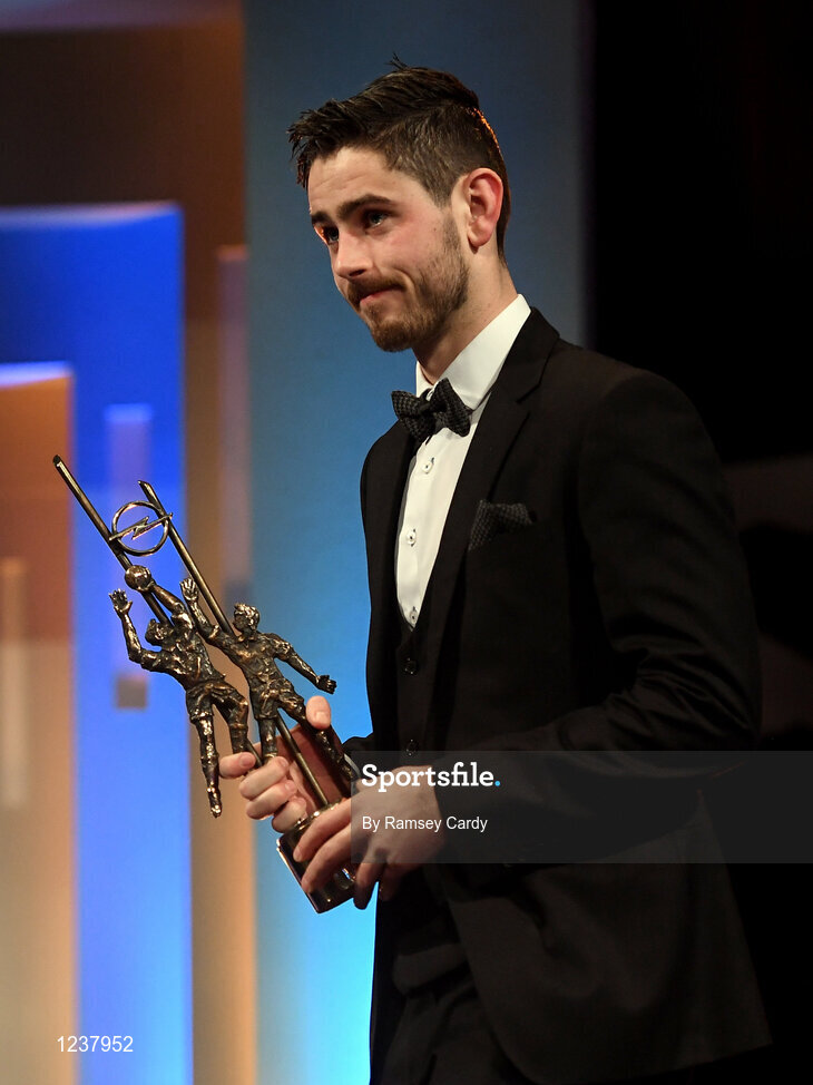 4 November 2016; Donegal footballer Ryan McHugh with his award at the 2016 GAA/GPA Opel All-Stars Awards at the Convention Centre in Dublin. Photo by Ramsey Cardy/Sportsfile