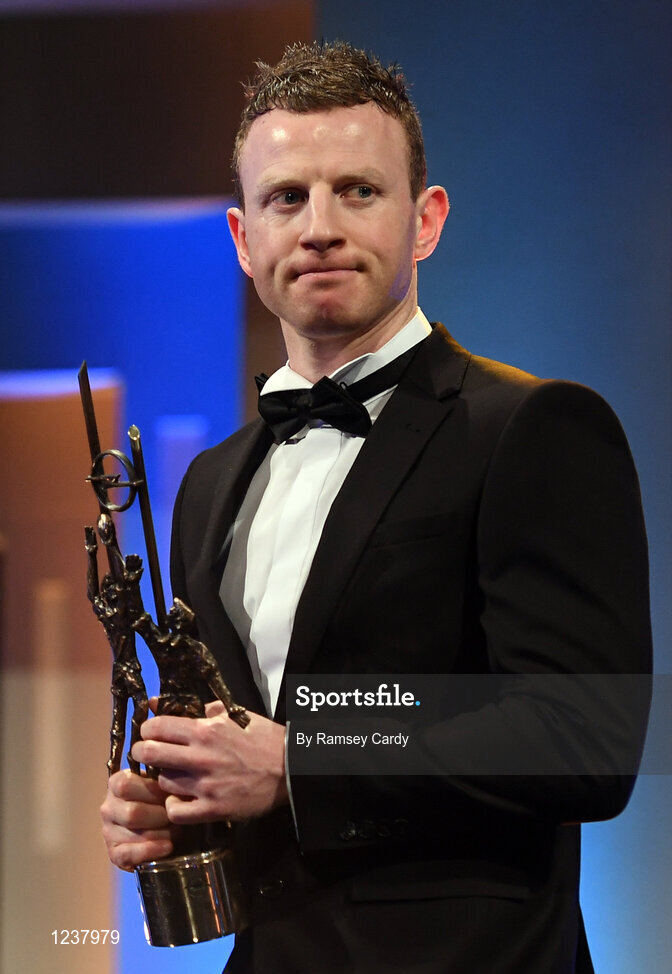 4 November 2016; Mayo footballer Colm Boyle with his award at the 2016 GAA/GPA Opel All-Stars Awards at the Convention Centre in Dublin. Photo by Ramsey Cardy/Sportsfile