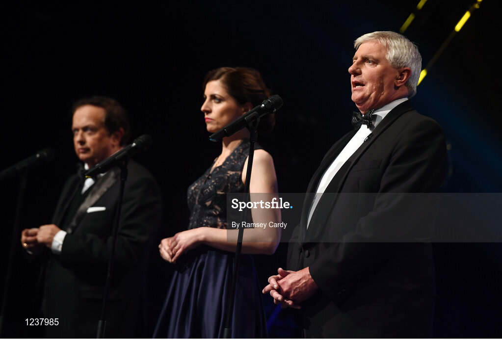 4 November 2016; MC's from left to right Michael Lyster, Joanne Cantwell and Marty Morrissey at the 2016 GAA/GPA Opel All-Stars Awards at the Convention Centre in Dublin. Photo by Ramsey Cardy/Sportsfile