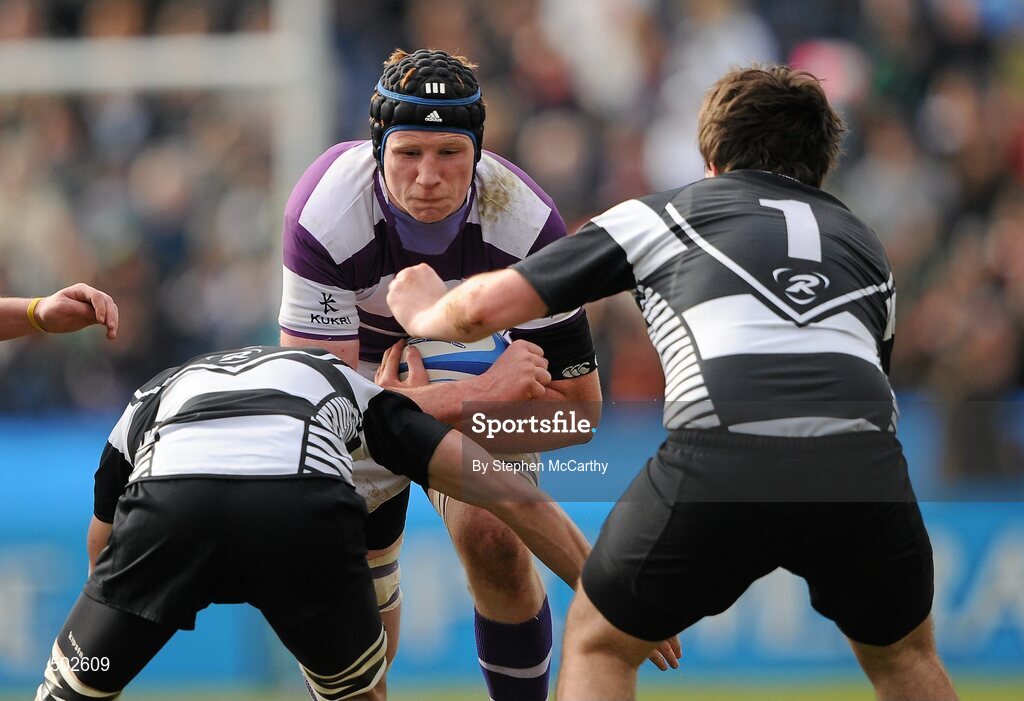 17 March 2011; Thomas Byrne, Clongowes Wood College SJ, is tackled by Aiden McGrath, left, and Gearoid Fallon, Cistercian College Roscrea. Powerade Leinster Schools Senior Cup Final, Cistercian College Roscrea v Clongowes Wood College SJ, RDS, Ballsbridge, Dublin. Picture credit: Stephen McCarthy / SPORTSFILE