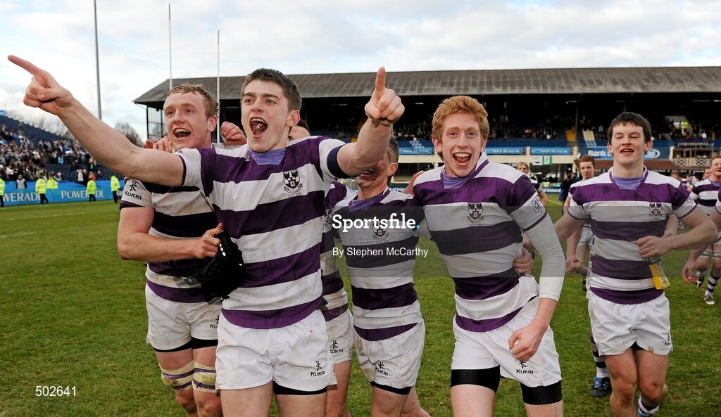 17 March 2011; Clongowes Wood College SJ players, including Conor Gilsenan, Nick McCarthy and Harry Burns celebrate their side's victory. Powerade Leinster Schools Senior Cup Final, Cistercian College Roscrea v Clongowes Wood College SJ, RDS, Ballsbridge, Dublin. Picture credit: Stephen McCarthy / SPORTSFILE