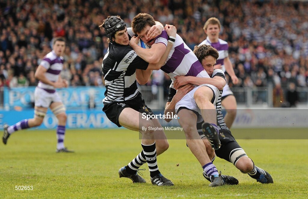 17 March 2011; Conor Joyce, Clongowes Wood College SJ, is tackled by Bryan Byrne, left, and Aidan McGrath, Cistercian College Roscrea. Powerade Leinster Schools Senior Cup Final, Cistercian College Roscrea v Clongowes Wood College SJ, RDS, Ballsbridge, Dublin. Picture credit: Stephen McCarthy / SPORTSFILE
