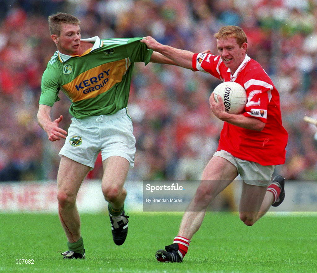 5 July 1998; Aidan Dorgan of Cork in action against Tomás O Sé of Kerry during the Bank of Ireland Munster Senior Football Championship Semi-Final match between Kerry and Cork at Fitzgerald Stadium in Killarney, Kerry. Photo by Brendan Moran/Sportsfile