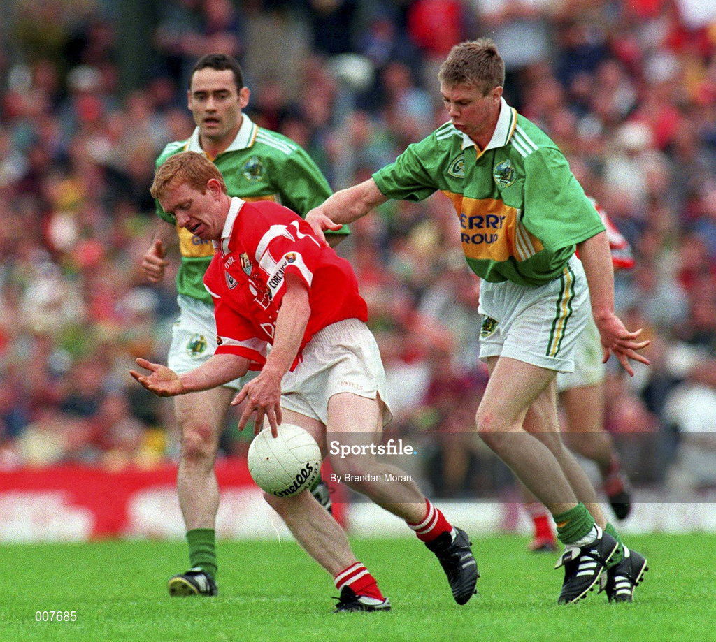5 July 1998; Aidan Dorgan of Cork in action against Tomás O Sé of Kerry during the Bank of Ireland Munster Senior Football Championship Semi-Final match between Kerry and Cork at Fitzgerald Stadium in Killarney, Kerry. Photo by Brendan Moran/Sportsfile