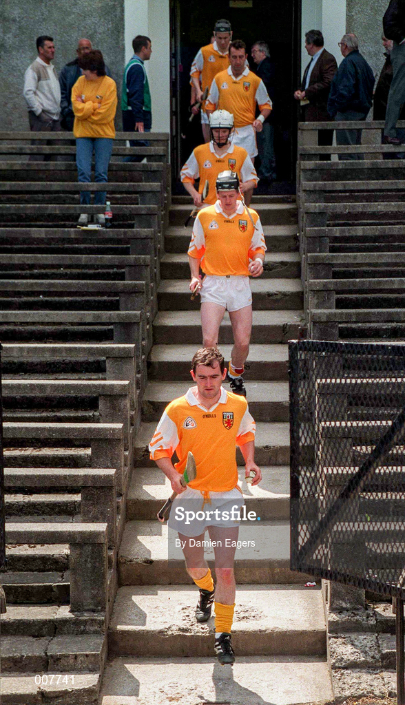 14 June 1998; The Antrim team make their way out onto the pitch prior to the Guinness Ulster Senior Hurling Championship Semi-Final match between Antrim and London at Casement Park in Belfast, Antrim, Antrim. Photo by Damien Eagers/Sportsfile
