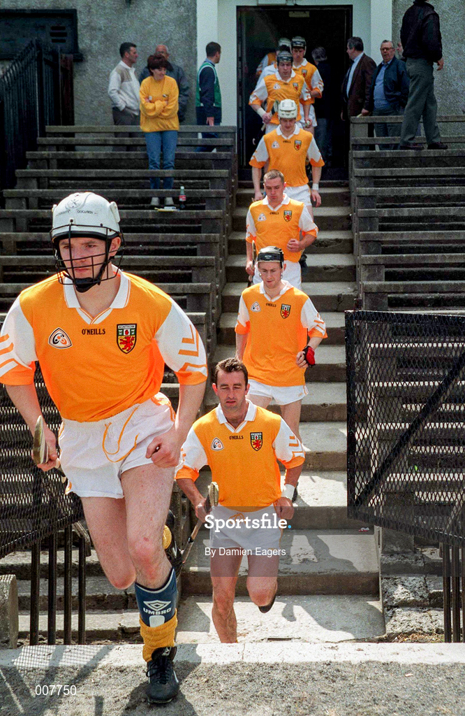 14 June 1998; Antrim team make their way out onto the pitch prior to the Guinness Ulster Senior Hurling Championship Semi-Final match between Antrim and London at Casement Park in Belfast, Antrim, Antrim. Photo by Damien Eagers/Sportsfile