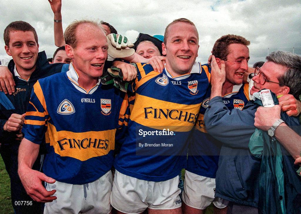 28 June 1998; Tipperary players Liam Cronin, left,  Mark Sheehan and Bernard Hahessy, right, celebrate their side's victory over Clare. Munster Football Championship, Gaelic Grounds. Photo by Brendan Moran/Sportsfile.
