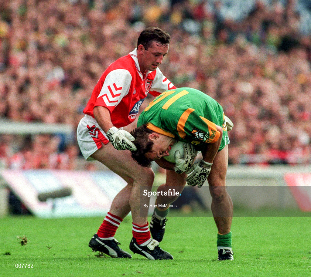 28 June 1998; Brendan Reilly of Meath in action against John Donaldson of Louth during the Leinster Senior Football Championship Semi-Final match between Meath and Louth at Croke Park in Dublin. Photo by Ray McManus/Sportsfile
