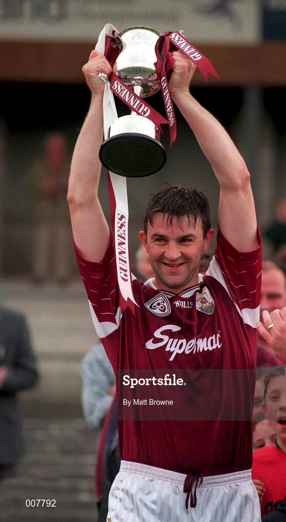 11 July 1998; Galway captain Brian Feeney lifts the MJ Flaherty Cup following the Guinness Connacht Senior Hurling Championship Final match between Roscommon and Galway at Dr Hyde Park in Roscommon. Photo by Matt Browne/Sportsfile