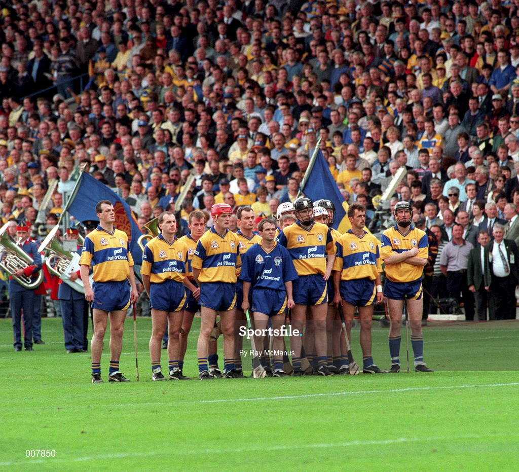 14 September 1997; The Clare team stand for the National Anthem, Amhrán na bhFiann, prior to the Guinness All-Ireland Senior Hurling Championship Final between Clare and Tipperary at Croke Park in Dublin. Photo by Ray McManus/Sportsfile