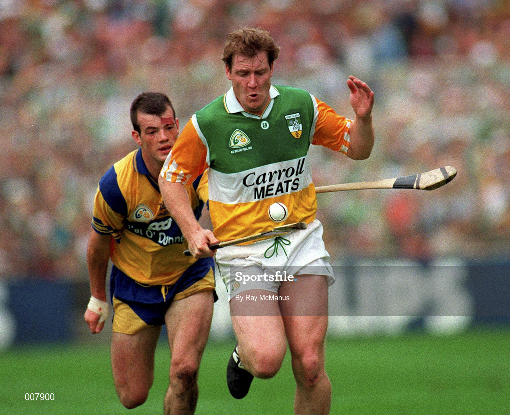 3 September 1995; Daithi Regan of Offaly is tackled by Ollie Baker of Clare during the Guinness All-Ireland Senior Hurling Championship Final between Clare and Offaly at Croke Park in Dublin. Photo by Ray McManus/Sportsfile