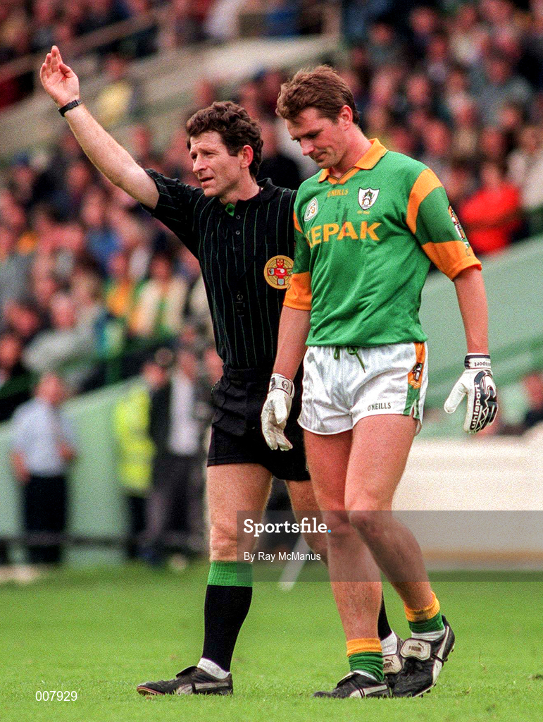 28 June 1998; Referee Brian White calls for attention for Darren Fay of Meath during the Leinster Senior Football Championship Semi-Final match between Meath and Louth at Croke Park in Dublin. Photo by Ray McManus/Sportsfile