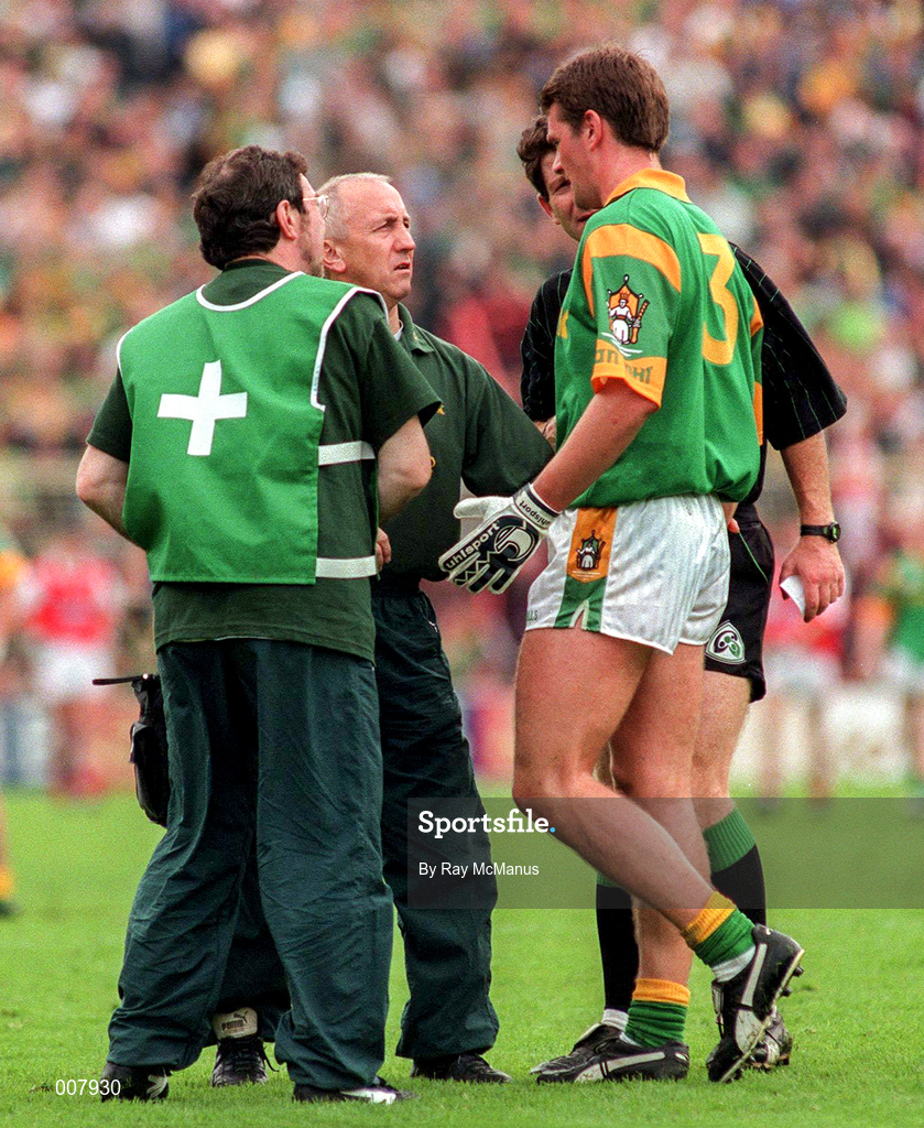 28 June 1998; Meath manager Sean Boylan attends to Darren Fay of Meath after referee Brian White called for attention during the Leinster Senior Football Championship Semi-Final match between Meath and Louth at Croke Park in Dublin. Photo by Ray McManus/Sportsfile