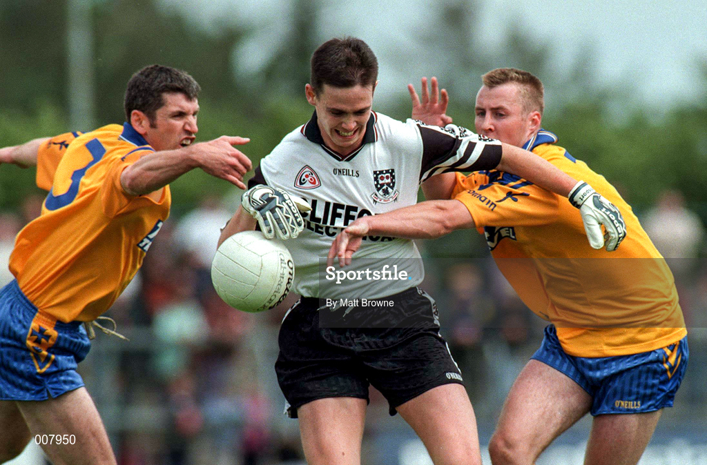 28 June 1998; David Durkin of Sligo in action against Damien Donlon, left, and Michael Ryan, right, of Roscommon during the Bank of Ireland Connacht Senior Football Championship Semi-Final match between Roscommon and Sligo at Dr Hyde Park in Roscommon. Photo by Matt Browne/Sportsfile