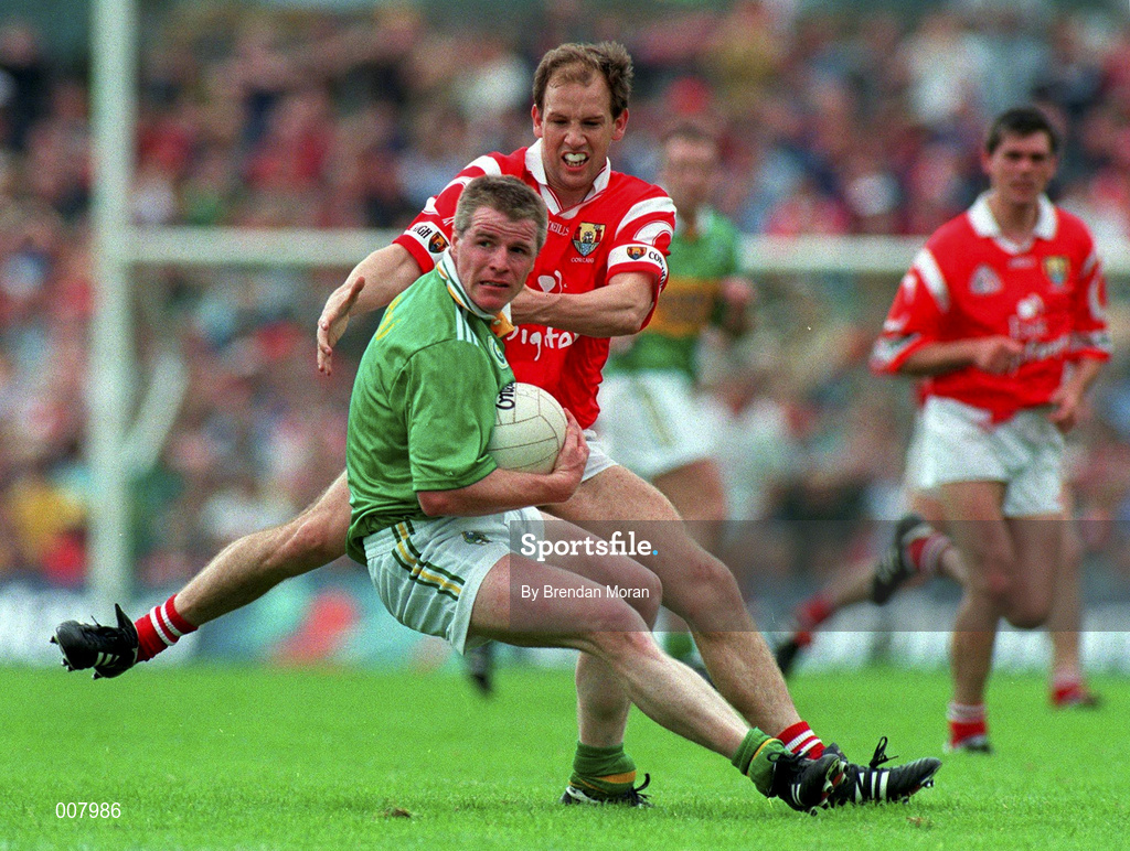5 July 1998; Eamon Breen of Kerry in action against Ronan McCarthy of Cork during the Bank of Ireland Munster Senior Football Championship Semi-Final match between Kerry and Cork at Fitzgerald Stadium in Killarney, Kerry. Photo by Brendan Moran/Sportsfile