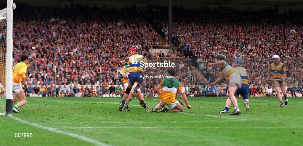 3 September 1995; Éamonn Taaffe of Clare, scores his side's first goal past David Hughes of Offaly during the All-Ireland Senior Hurling Championship Final match between Clare and Offaly at Croke Park in Dublin. Photo by Ray McManus/Sportsfile