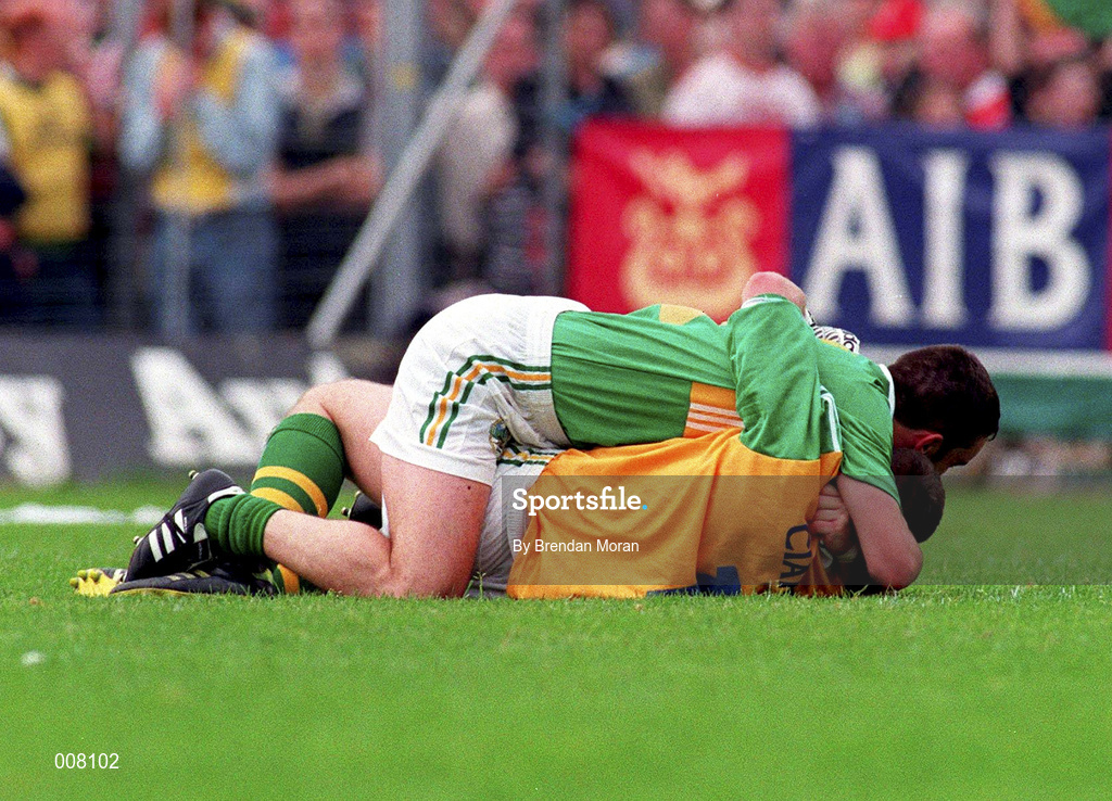 5 July 1998; Kerry goalkeeper Declan O'Keeffe and team-mate Barry O'Shea celebrate their victory over Cork following the Bank of Ireland Munster Senior Football Championship Semi-Final match between Kerry and Cork at Fitzgerald Stadium in Killarney, Kerry. Photo by Brendan Moran/Sportsfile