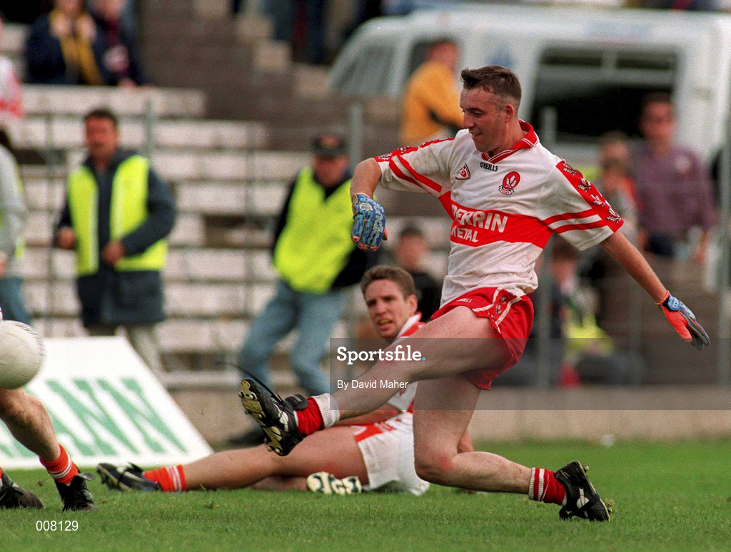 28 June 1998; Dermot Dougan of Derry scores his, and his side's, second goal during the Bank of Ireland Ulster Senior Football Championship Semi-Final match between Armagh and Derry at St Tiernach's Park in Clones, Monaghan. Photo by David Maher/Sportsfile