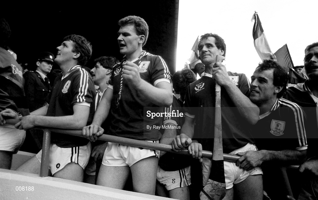 4 September 1988; Galway players, from left, Martin Naughton, Pete Finnerty, Brendan Lynskey and Pat Malone watch on as their team-mate and captain Conor Hayes, not pictured, lifted the Liam MacCarthy Cup following the All-Ireland Senior Hurling Championship Final match between Galway and Tipperary at Croke Park in Dublin. Photo by Ray McManus/Sportsfile