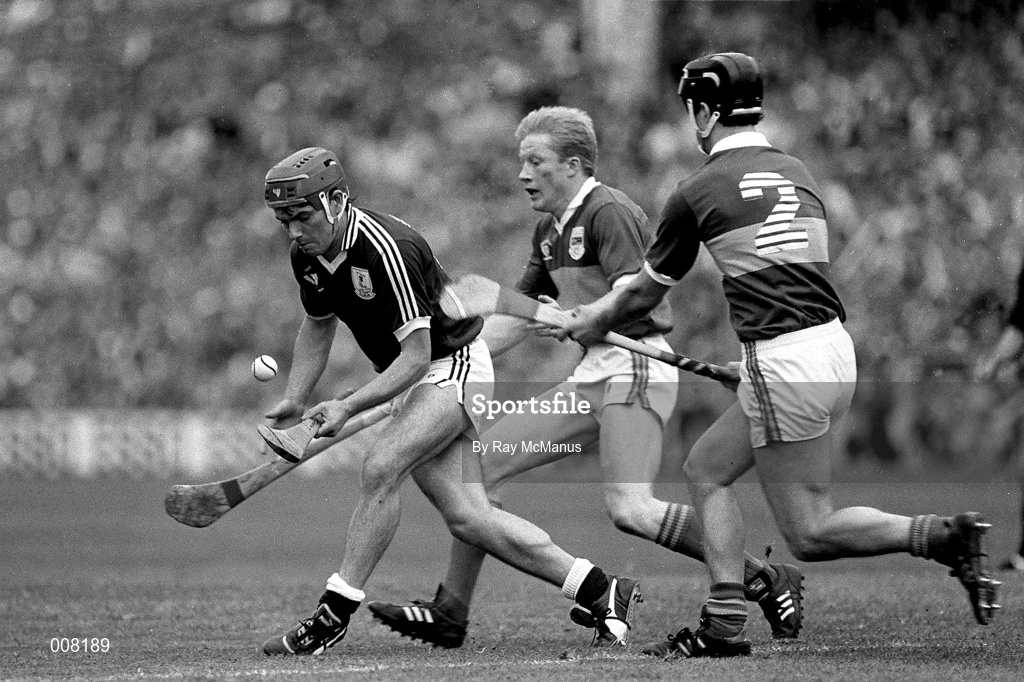 4 September 1988; Michael 'Hopper' McGrath of Galway in action against Aidan Ryan and John Heffernan of Tipperary during the All-Ireland Senior Hurling Championship Final match between Galway and Tipperary at Croke Park in Dublin. Photo by Ray McManus/Sportsfile