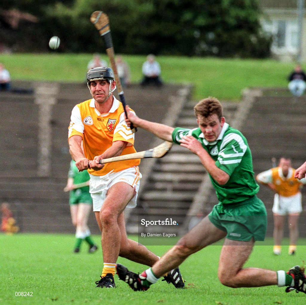 21 June 1998; John Carson of Antrim in action against Liam Barron of London during the Guinness Ulster Senior Hurling Championship Semi-Final Replay match between Antrim and London at Casement Park in Belfast, Antrim. Photo by Damien Eagers/Sportsfile