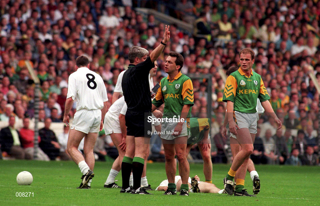 2 August 1998; Referee John Bannon sends off Brendan Reilly of Meath during the Bank of Ireland Leinster Senior Football Championship Final match between Kildare and Meath at Croke Park in Dublin. Photo by David Maher/Sportsfile