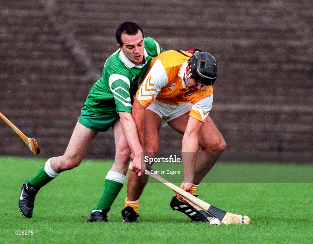21 June 1998; John Carson of Antrim in action against Brendan Ryan of London during the Guinness Ulster Senior Hurling Championship Semi-Final Replay match between Antrim and London at Casement Park in Belfast, Antrim. Photo by Damien Eagers/Sportsfile
