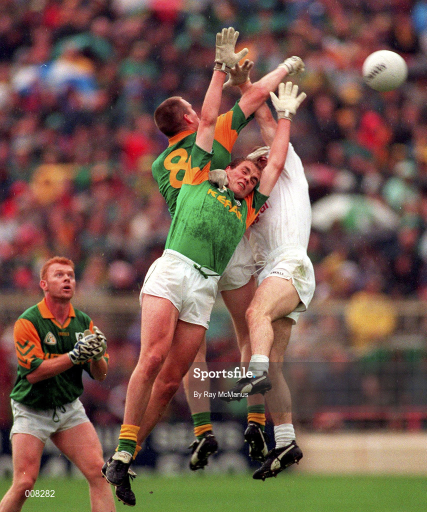 3 August 1997. John McDermott and Jimmy McGuinness (8) of Meath go up for the ball against Declan Kerrigan of Kildare during the Bank of Ireland Leinster Senior Football Championship Semi-Final Second Replay match between Meath and Kildare at Croke Park in Dublin. Photo by Ray McManus/Sportsfile