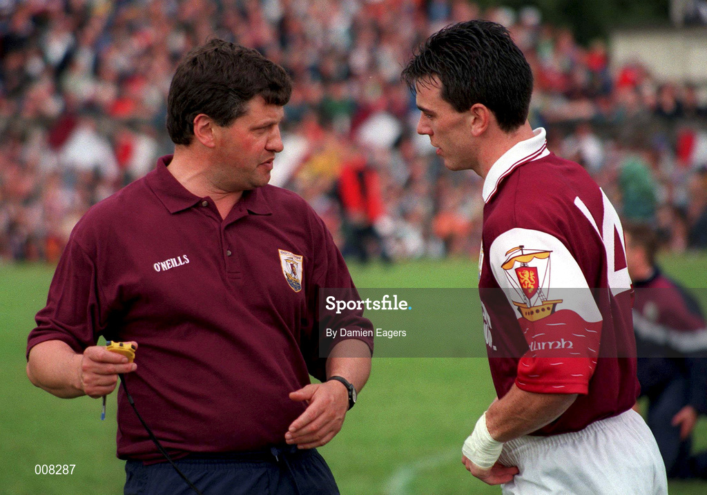 19 July 1998; Galway manager John O'Mahony gives Padraic Joyce some advice prior to the Bank of Ireland Connacht Senior Football Championship Final between Galway and Roscommon at Tuam Stadium in Tuam, Galway. Photo by Damien Eagers/Sportsfile