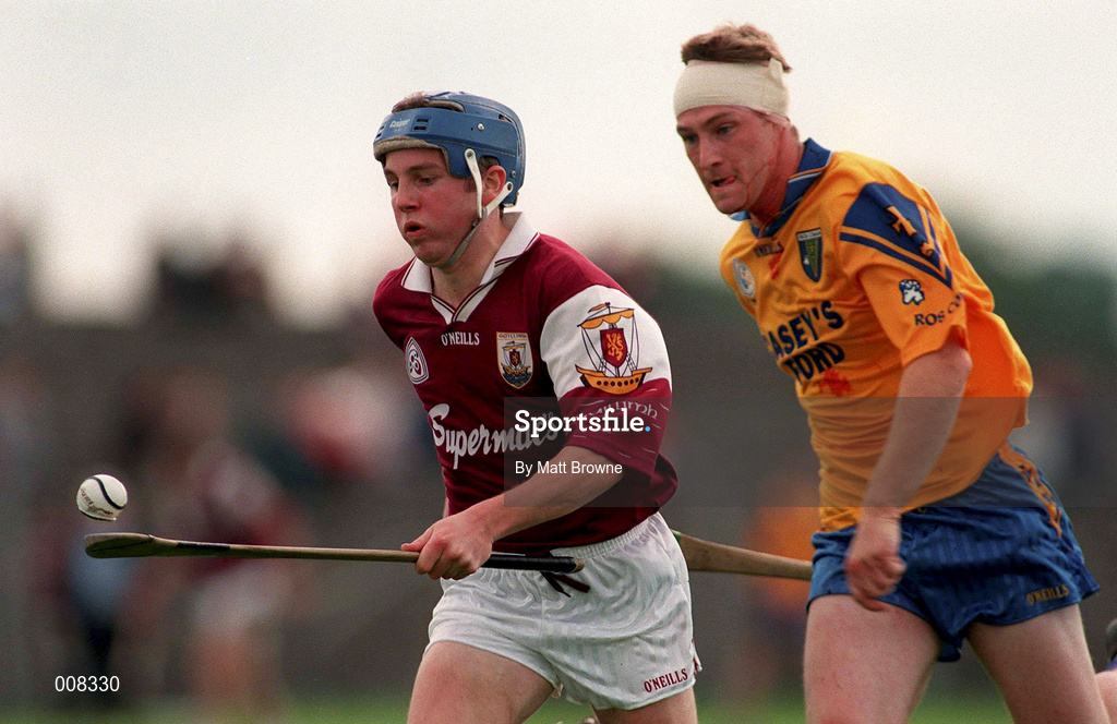 11 July 1998; Kevin Broderick of Galway in action against Adrian Coyne of Roscommon during the Guinness Connacht Senior Hurling Championship Final match between Roscommon and Galway at Dr Hyde Park in Roscommon. Photo by Matt Browne/Sportsfile