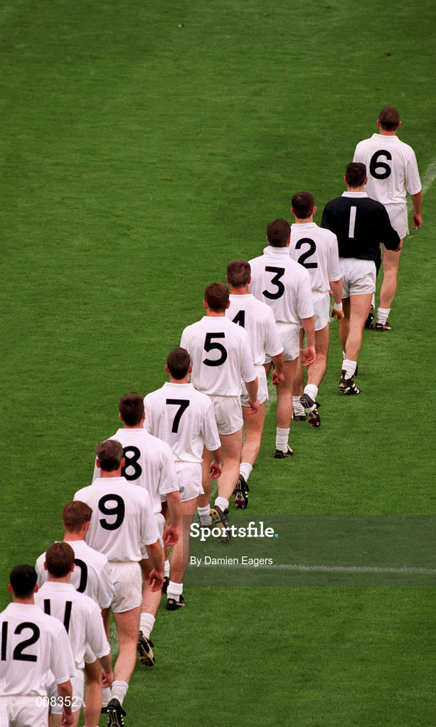 2 August 1998; The Kildare team, led by captain Glenn Ryan, 6, walk in the pre-match parade prior to the Bank of Ireland Leinster Senior Football Championship Final match between Kildare and Meath at Croke Park in Dublin. Photo by Damien Eagers/Sportsfile
