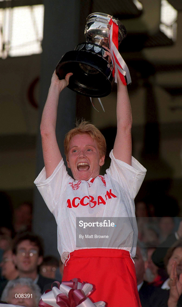 7 September 1997; Cork captain Linda Mellerick lifts the O'Duffy Cup following the All-Ireland Senior Camogie Championship Final between Cork and Galway at Croke Park in Dublin. Photo by Matt Browne/Sportsfile