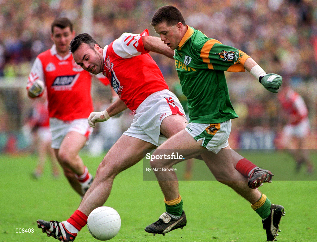28 June 1998; Mark O'Reilly of Meath in action against Stefan White of Louth during the Leinster Senior Football Championship Semi-Final match between Meath and Louth at Croke Park in Dublin. Photo by Matt Browne/Sportsfile