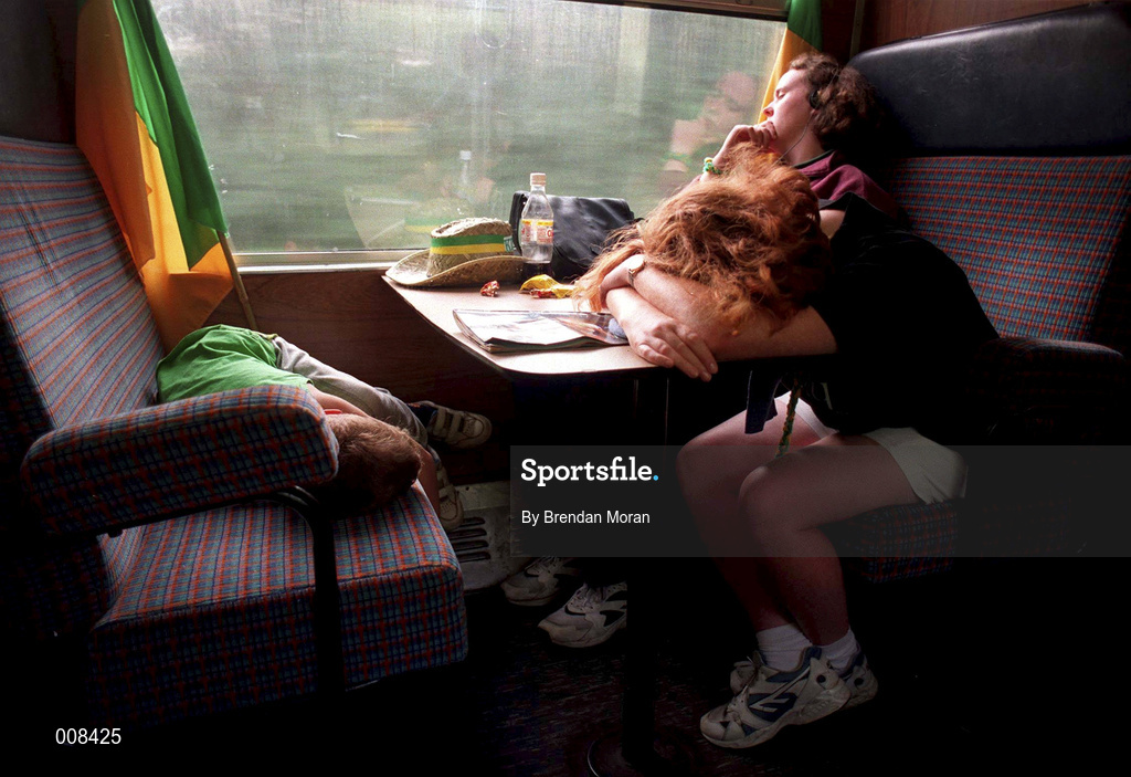 24 August 1997; Kerry supporters return home on the train following their side's victory in the Bank of Ireland All-Ireland Senior Football Championship Semi-Final match between Cavan and Kerry at Croke Park in Dublin. Photo by Brendan Moran/Sportsfile
