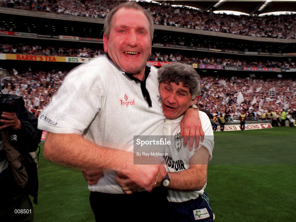 2 August 1998; Kildare manager Mick O'Dwyer celebrates with his selector Pat McCarthy, left, after victory in the Bank of Ireland Leinster Senior Football Championship Final match between Kildare and Meath at Croke Park in Dublin. Photo by Ray McManus/Sportsfile
